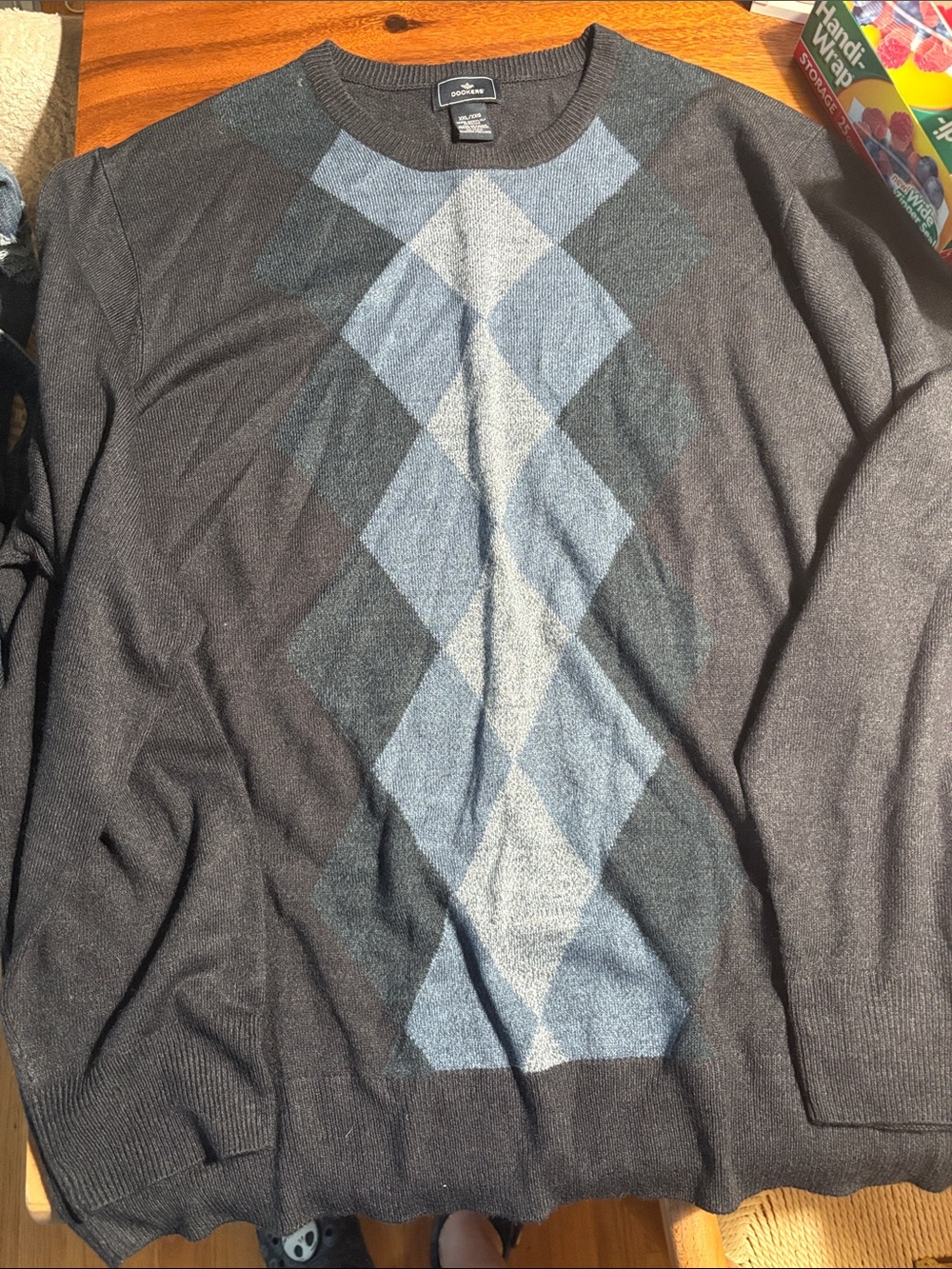 Dockers Men's Black Crewneck Sweater with Blue Argyle